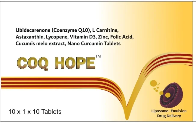 CoQ Hope — Ubidecarenone (Coenzyme Q10), L-Carnitine, Astaxanthin, Lycopene, Vitamin D3, Zinc, Folic Acid, Cucumis Melo Extract & Nano Curcumin Tablets