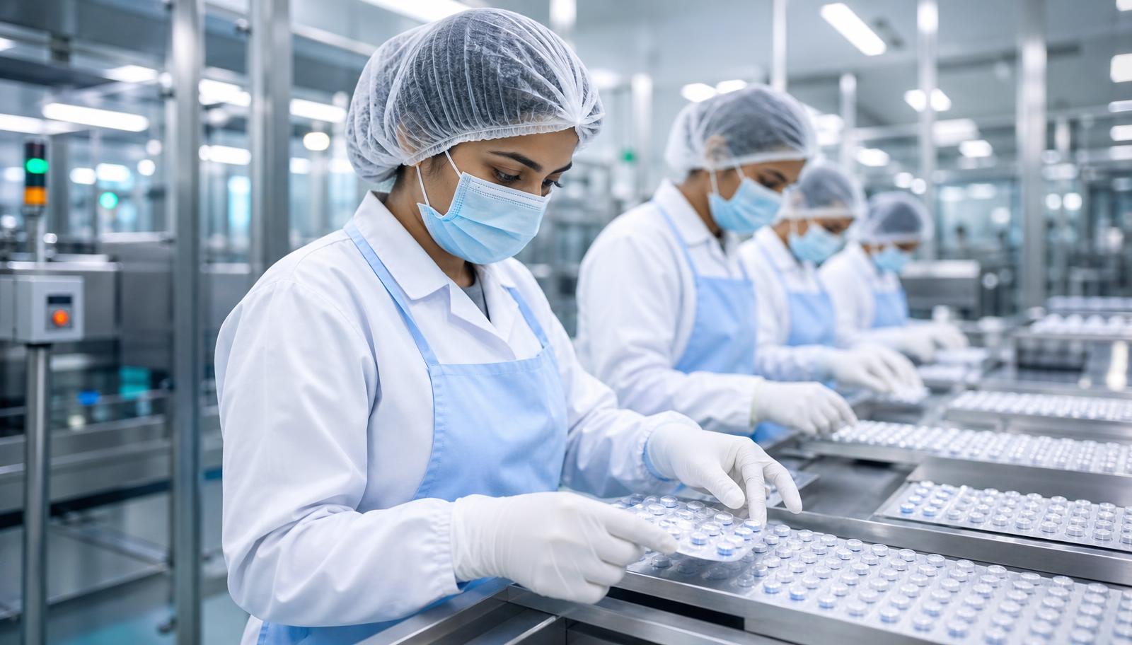 WHO-GMP certified pharmaceutical manufacturing line with technicians in masks, hairnets and aprons inspecting blister packs