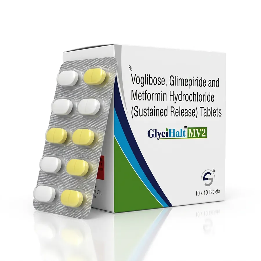 GlyciHalt MV2 — Voglibose, Glimepiride and Metformin Hydrochloride (Sustained Release) Tablets